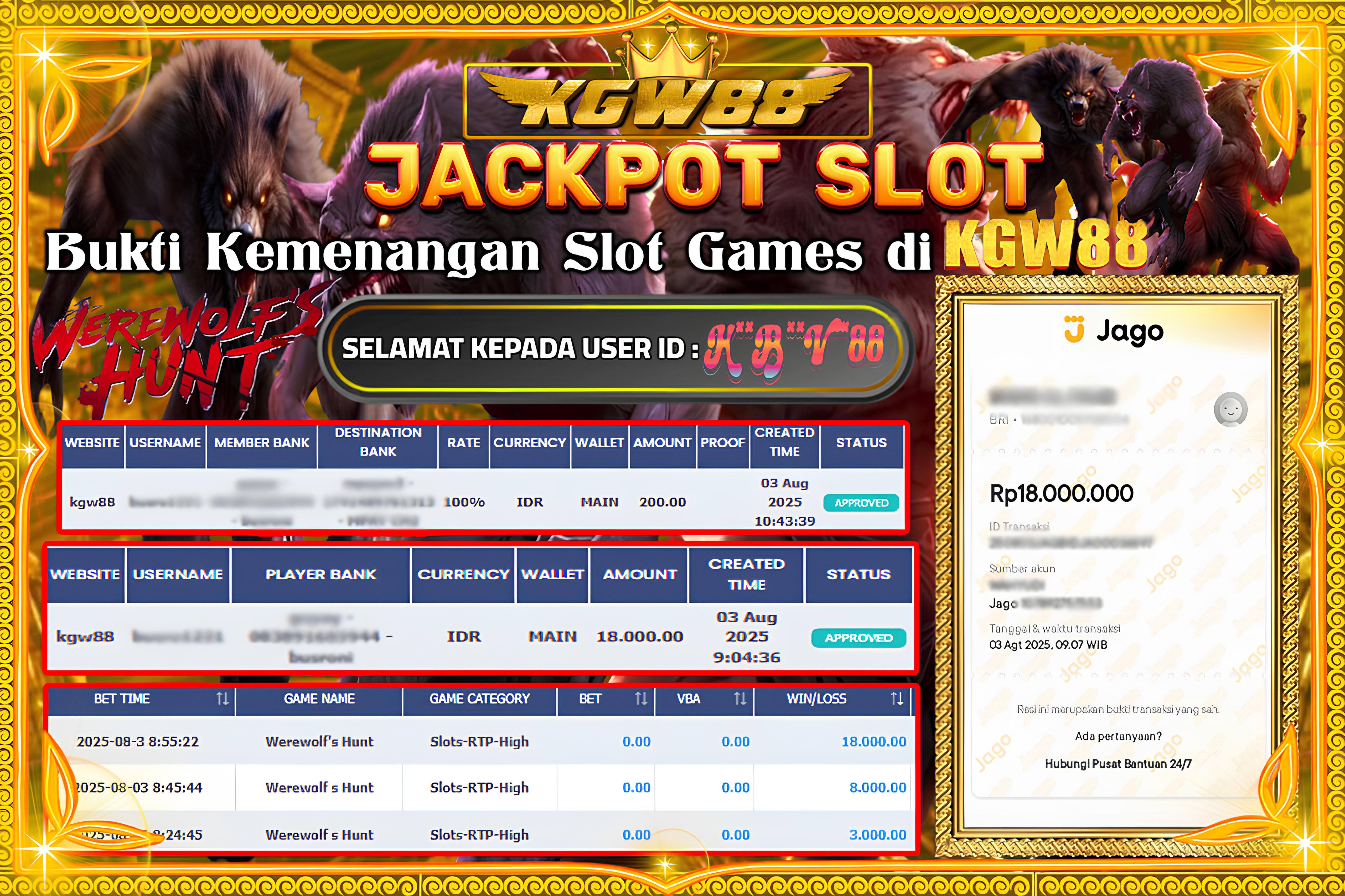 KGW88 JACKPOT Werewolf's Hunt Rp.18.000.000,- LUNAS